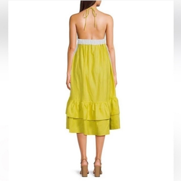 Fanm Mon Yamile 100% Linen Floral Embroidered Halter Midi Dress Mustard Lime NWT - Picture 4 of 16